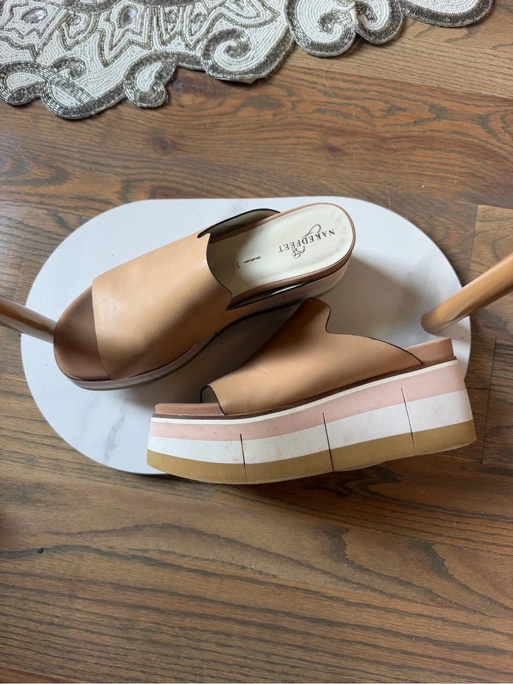 Naked Feet Tan Slide Platform with Pink and White Stripe Sole